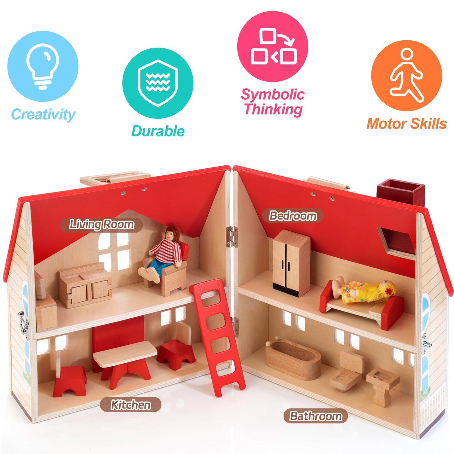 Foldable Wooden Dollhouse with 13PCS Furniture, 4 Rooms and 2 Flexible Dolls, Pretend Play Doll House Set with Portable Handle, Christmas Birthday Gift for Boys Girls Age 3+