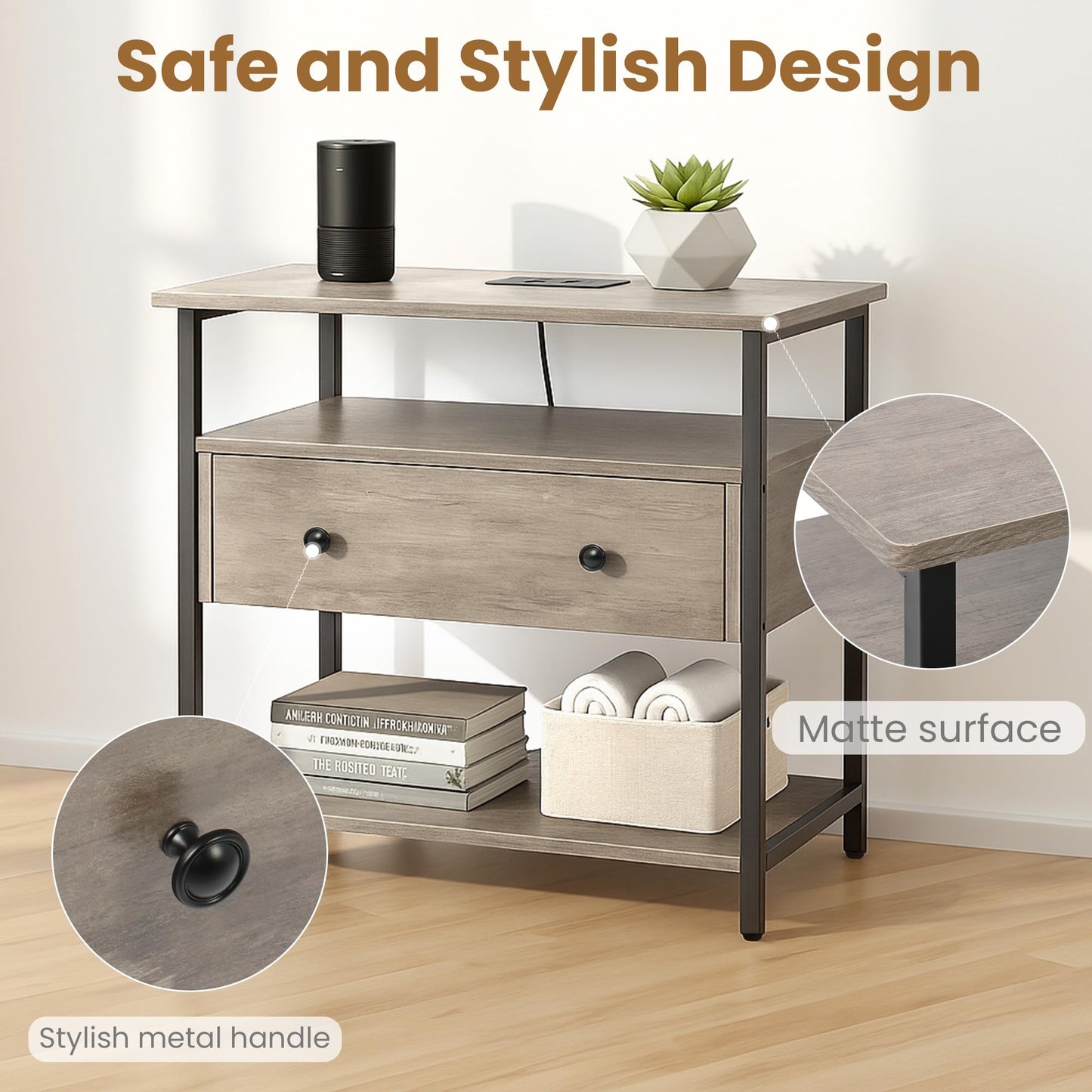 Edbuosy 27 Inch Wide Night Stand with Charging Station, Wood Nightstand with Open Shelf, Large Drawer Bedside Table for Living Room/Bedroom/Office, Rustic Gray