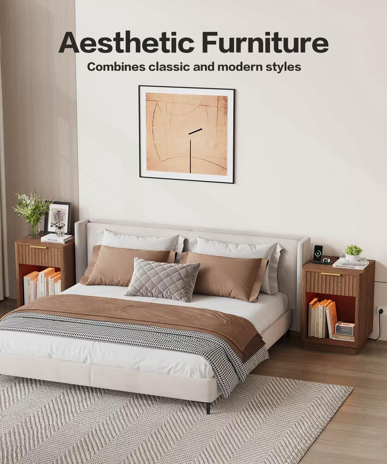 Akxomel Fluted Nightstands Set of 2, Wooden Night Stand with Charging Station and LED Light, Modern Mid Century End Table with Drawer, 15" D x 15.7" W x 22.6" H, for Bedroom, Walnut