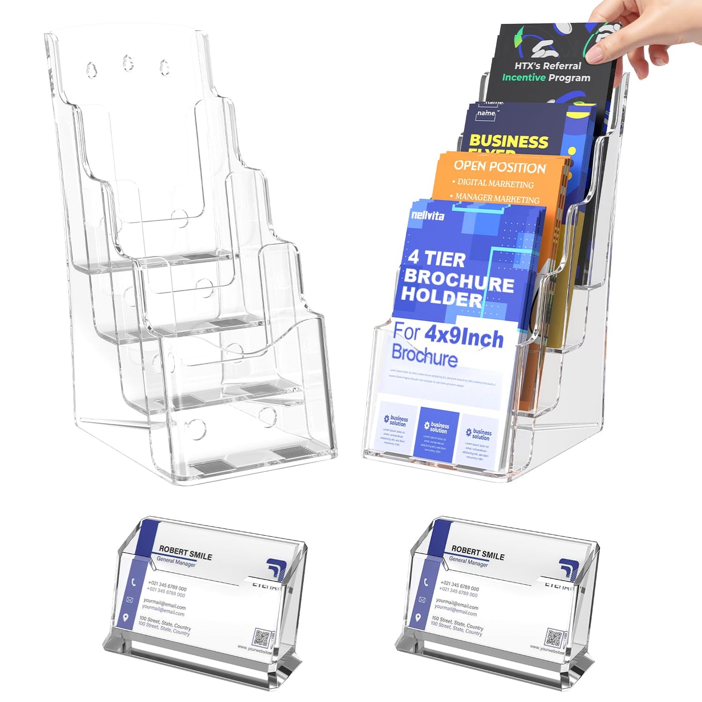 Nellvita 2 Pcs Acrylic Brochure Holder, 4 x9 Inches Flyer Holder, 4 Tier Clear Pamphlet Holder, 4 Inch Wide Magazine Literature Organizer Holder, Brochure Display Stand, for Wall Mount or Desktop Use