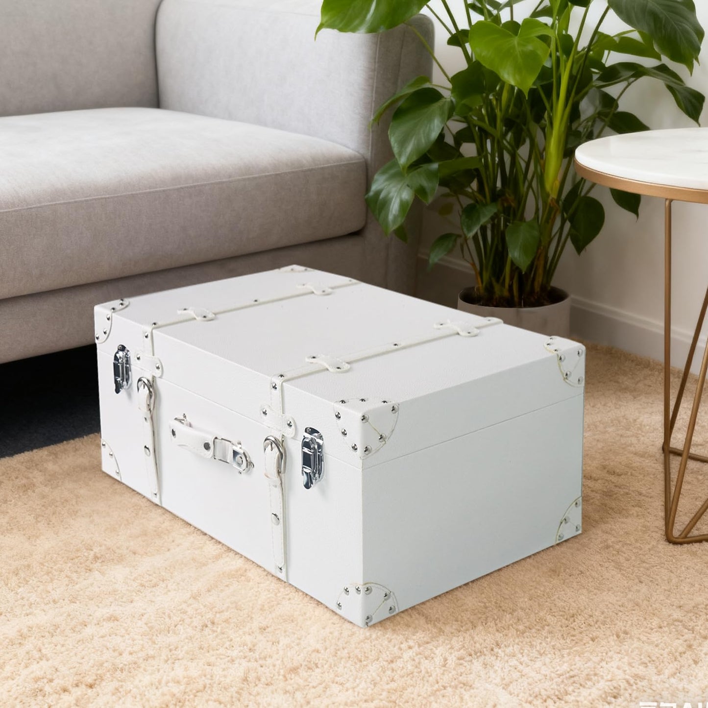 DreamsEden Large Wooden Storage Suitcase, White Elegant Decorative Trunk with Strap Decor, Portable Wood Storage Box Chest Keepsake Case