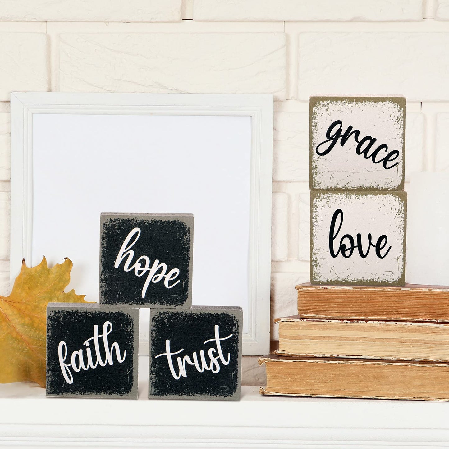 Qunclay 6 Pieces Farmhouse Tiered Tray Decor Inspirational Rustic Wood Sign Faith Love Hope Wooden Table Decorations Art Print Wooden Block Signs for Office Home Tabletop Bookshelf, 2.5 x 2.5 Inch