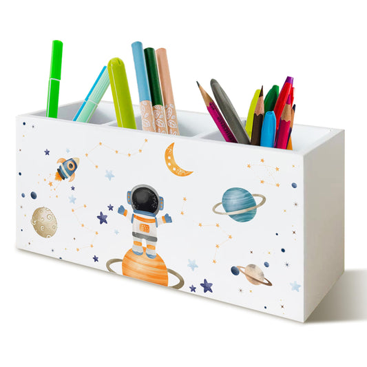 KAOWT Space Pen Pencil Holder for Desk, Space Gifts for Kids, Galaxy Celestial Rocket Astronaut Wooden Signs Desk Organizer for Kids Boys Room Bedroom Classroom Decor
