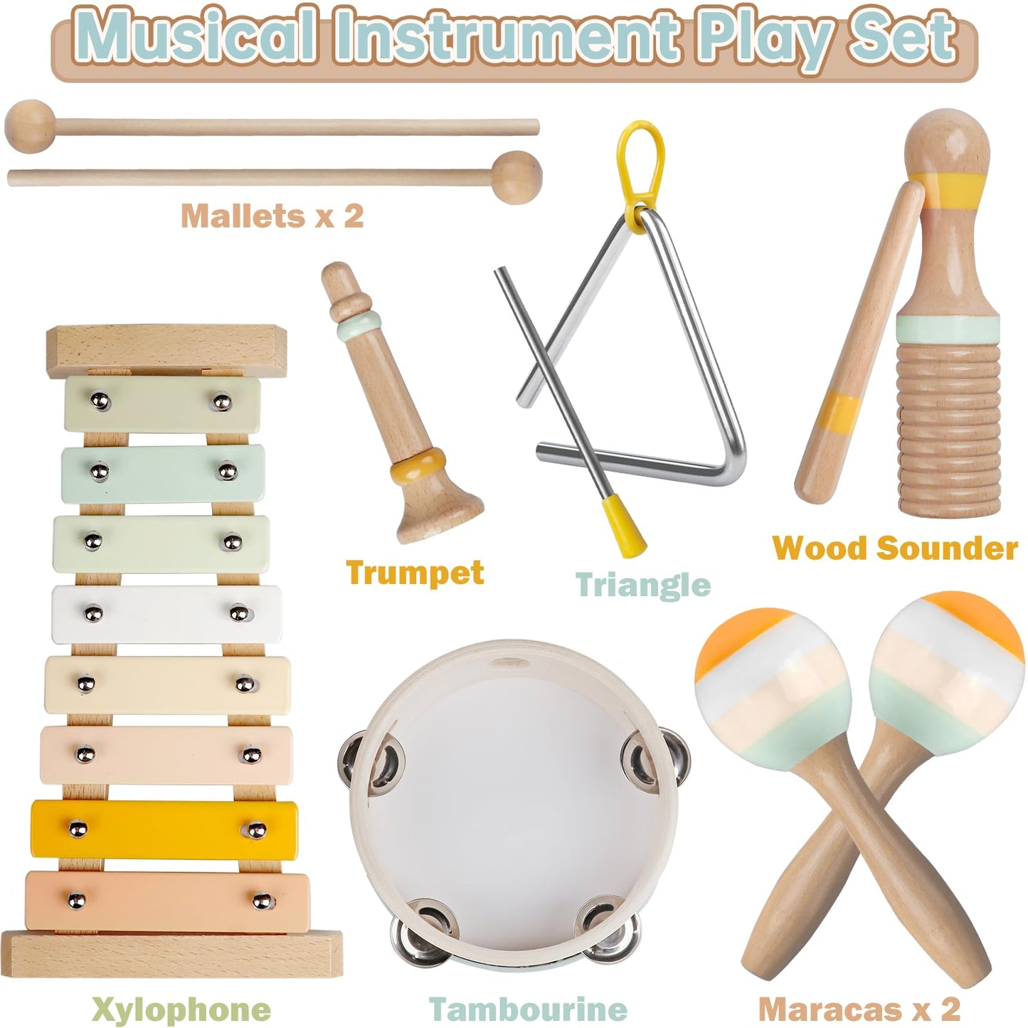 Baby Musical Instruments - Toddler Musical Toys Montessori Wooden Xylophone Maracas Tambourine Percussion Set for 18+ Months, Kids Educational Music Learning Toys, Birthday Gifts for Boys Girls