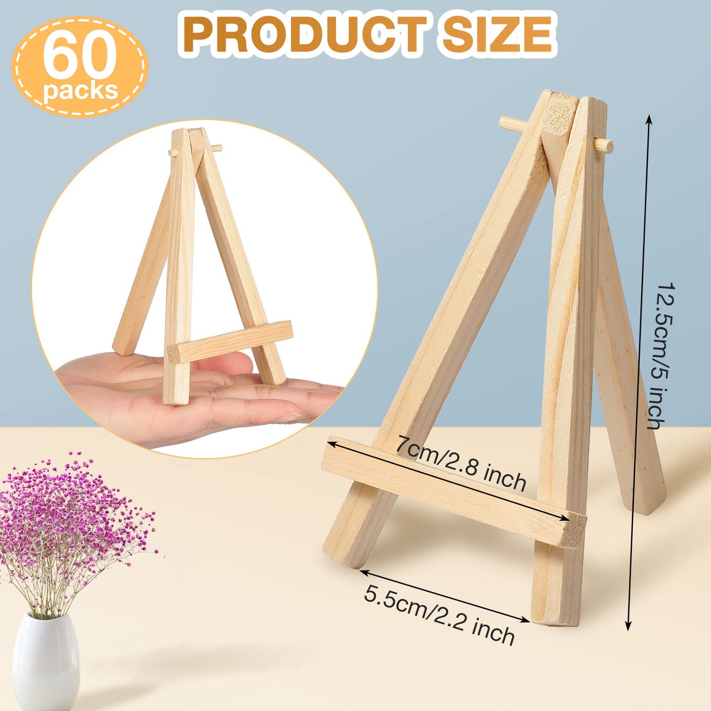 Mimorou 60 Pack 5 Inch Mini Easel Wood Display Artist Small Wooden Easel Stand Art Craft Painting Triangle Stand Canvas Holder for Card Artist Photos Tabletop Phone Wedding