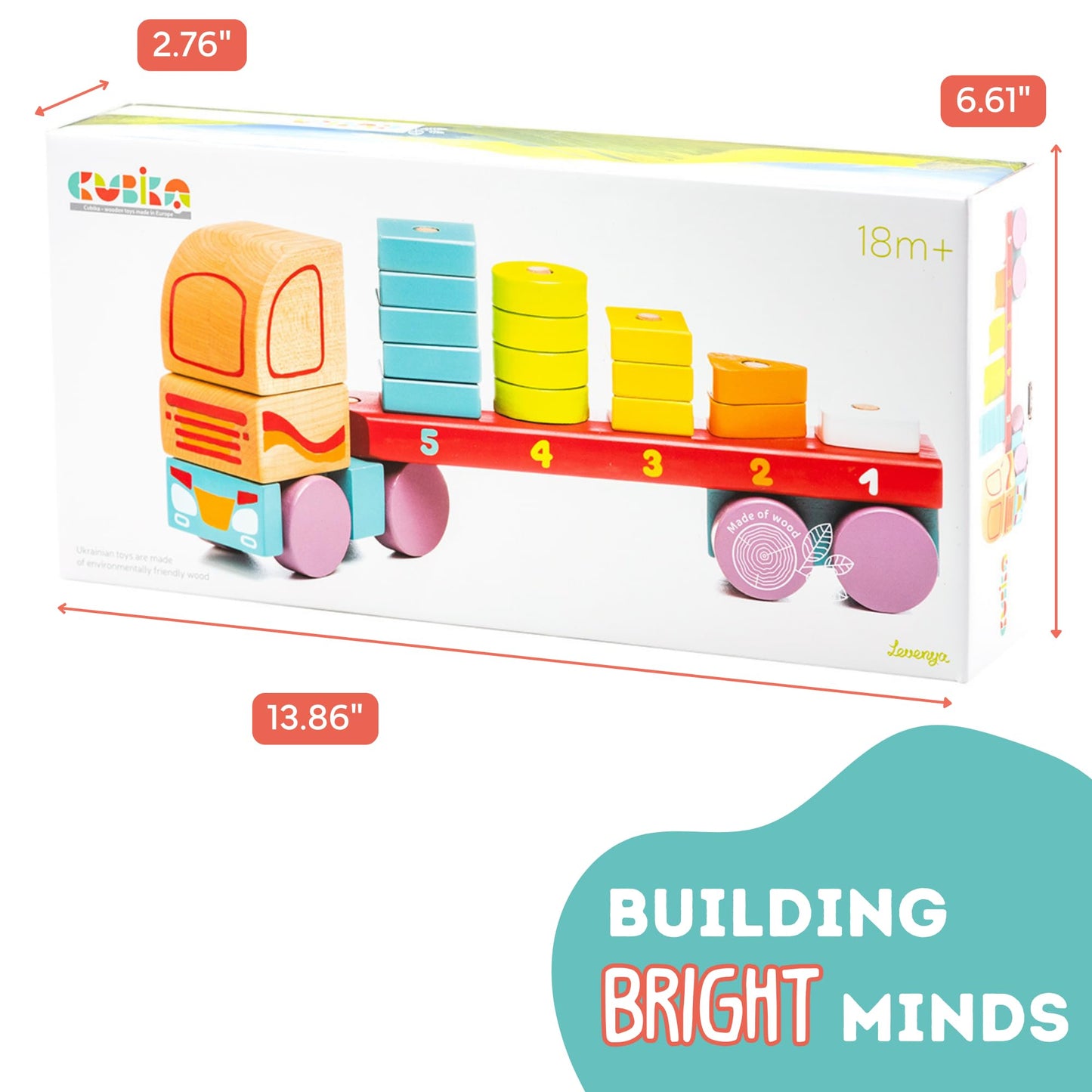 CUBIKA Wooden Geometric Shapes Truck– Montessori Toy for Toddlers Ages 3+– Shape Sorter and Stacking Truck Building Toy– FSC-Certified Wood, German Water-Based Paints, Travel-Friendly