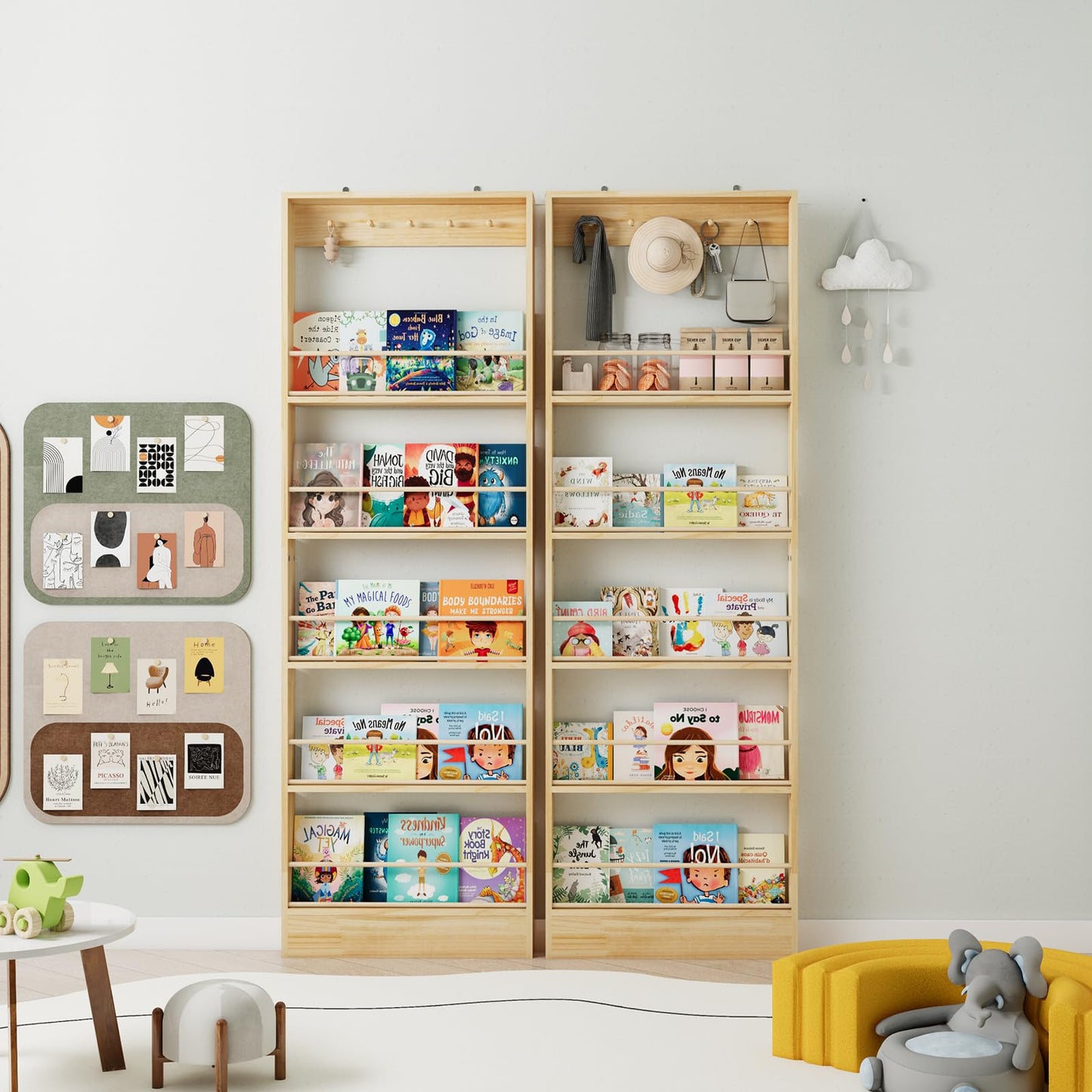 Chyanmoo Wooden Wall Mounted Bookshelf, 5 Tier Storage Shelf with Anti Tip Device, Space Saving Organizer with Built in Hooks and Raised Edges for Living Room Bedroom Home Office