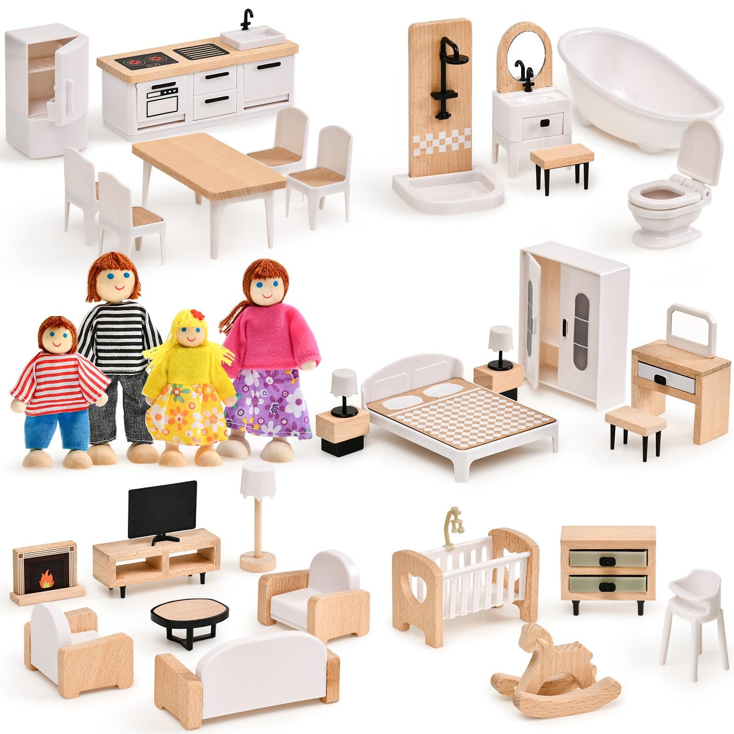 Toyssa Dollhouse Furniture Set, 36PCS Beech Wood and Plastic Miniature Doll House Accessories with Modern 5 Rooms & 4 Flexible Family Dolls, Pretend Play Toys Birthday Gift for Toddlers 3 4 5 6