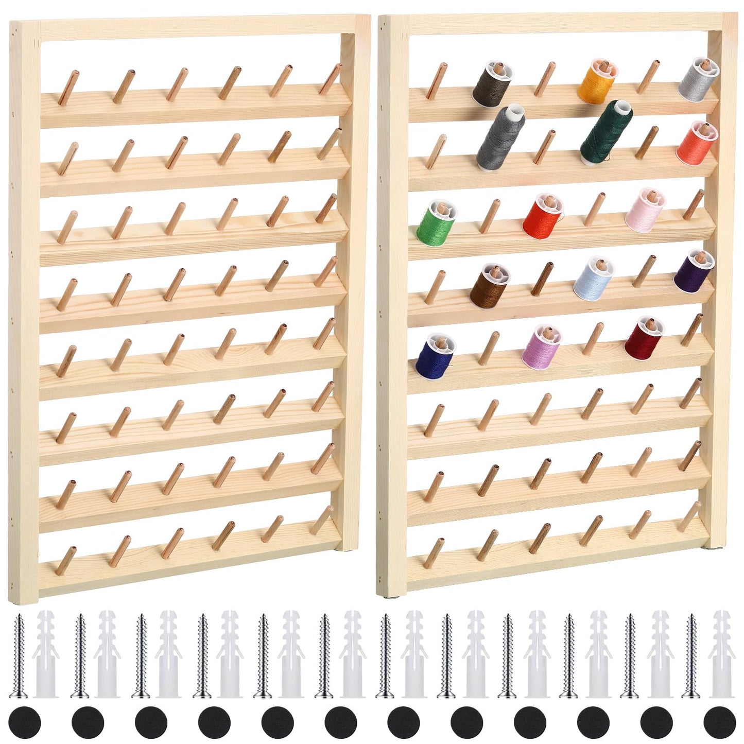 Yahenda 4 Pack 48 Spool Wooden Thread Holder Wall Mounted Thread Rack with Hanging Hooks Organizer for Mini Sewing Quilting Jewelry Embroidery