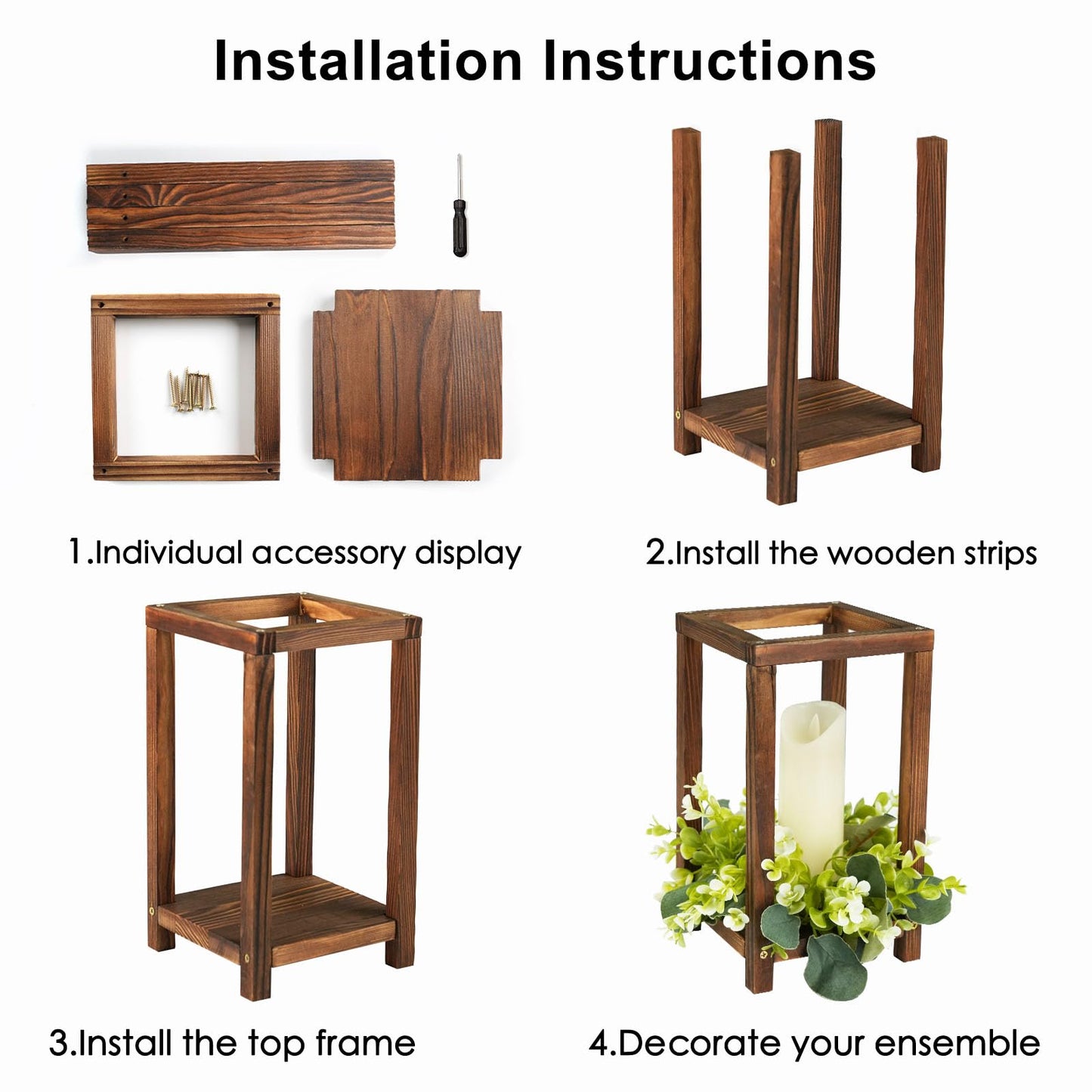 Neoflavie 6 Set/18 Pcs Wooden Wedding Lantern Centerpiece Include 6 Wooden Lantern Candle Holder 6 Flameless LED Candle 6 Eucalyptus Leaves Wreath for Centerpieces Wedding Table Party Farmhouse Decor