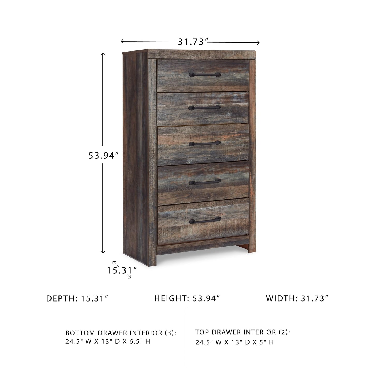 Signature Design by Ashley Drystan Chest of Drawers, 5 Drawer Tall Dresser, Assembled, Engineered Wood, For Bedroom Storage, Brown Gray