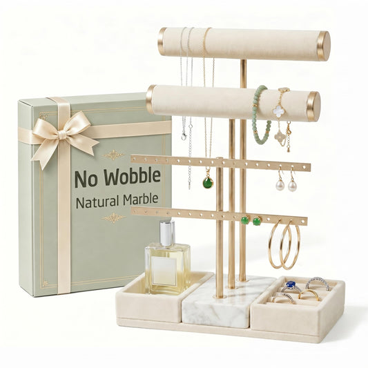 KES Natural Marble Bracelet Holder with 5X Weighted Base, Extra Sturdy 3 Tier Bracelet Holder Display for Necklaces, Earrings, Rings, Watches, T Bar Jewelry Holder Organizer, Beige, JTR500-WH