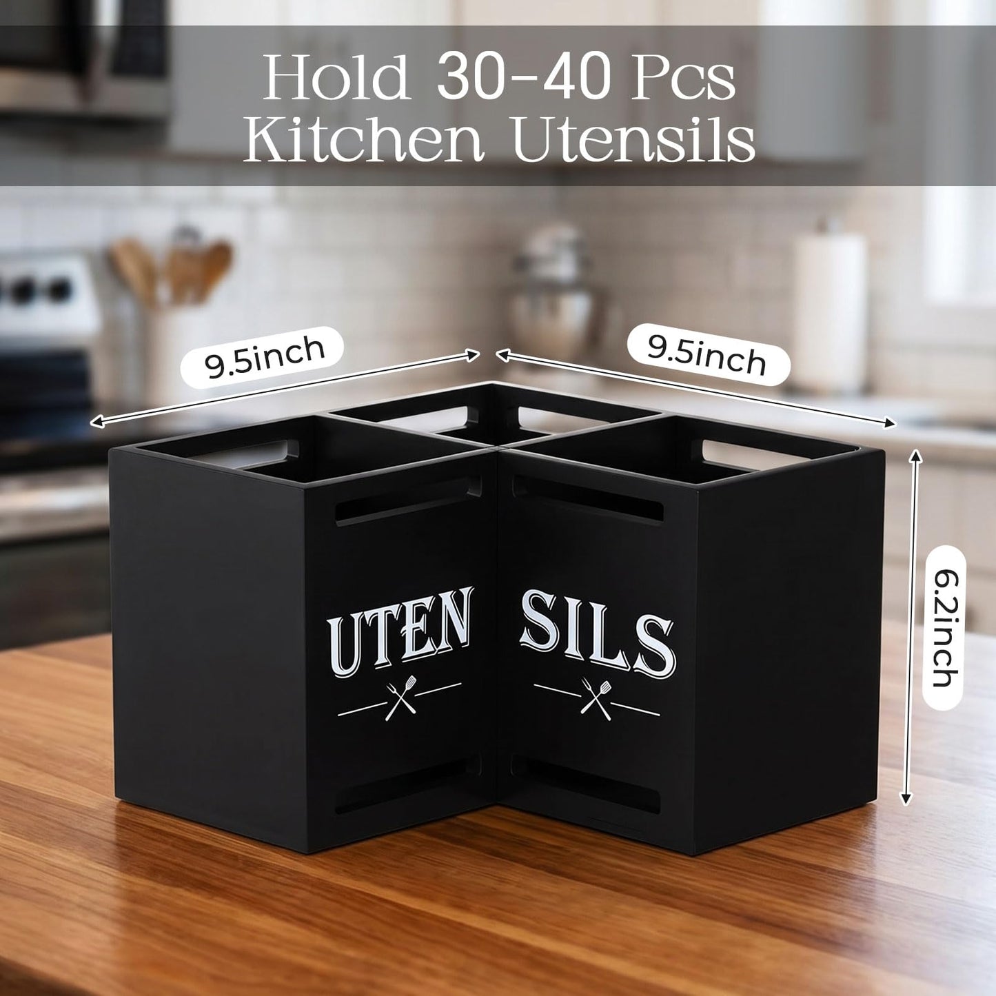 RattanView Large Kitchen Utensil Holder with 3 Compartments, Utensil Holder for Counter, Rustic Black Kitchen Decor Tools Gift Wooden Countertop Cutlery Caddy Spoon