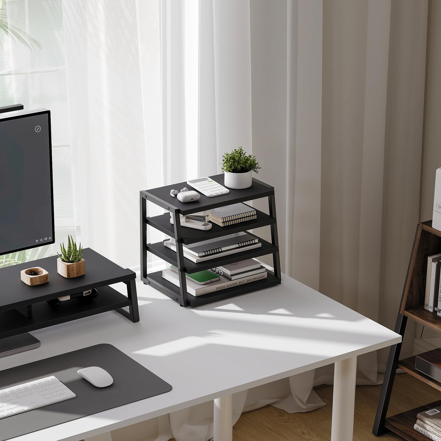 Fenge Dual Monitor Stand Riser & 4 Tier Desktop Organizer, Black