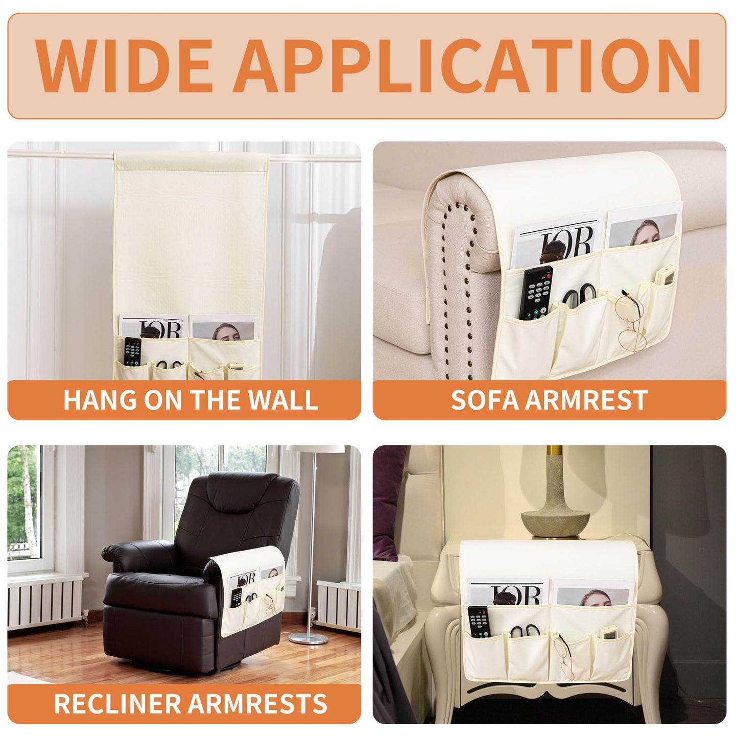 HAOMAIJIA Anti Slip Sofa Armrest Organizer Arm Chair Bedside Caddy Storage Organizer For Recliner Couch With 6 Pockets For Cell Phone Tv Remote Control (Ivory White, 31.89 inches × 18.5 inches)