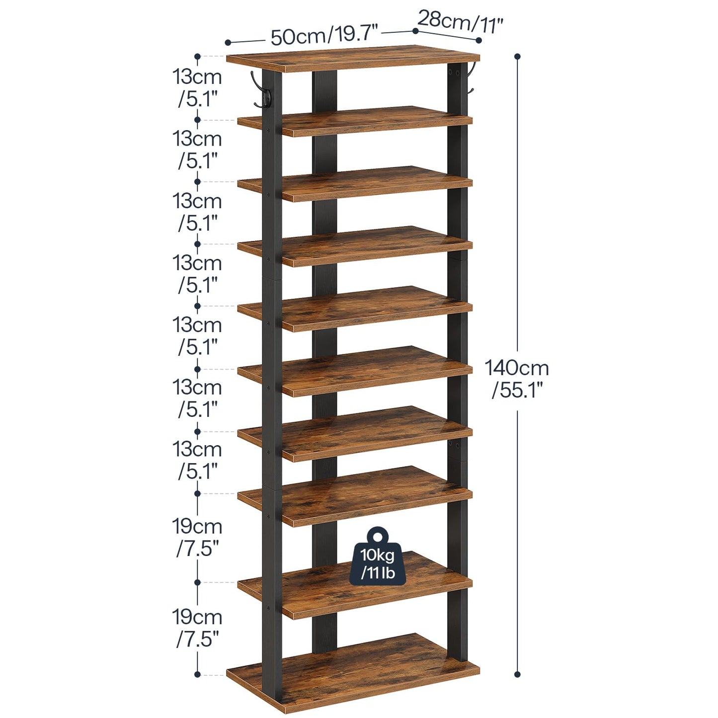 HOOBRO 10 Tiers Vertical Shoe Rack, Wooden Shoe Storage Organizer with Hooks, Narrow Shoe Tower for 20 Pairs, Space Saving, for Entryway, Living Room, Bedroom, Rustic Brown FG140XJ01