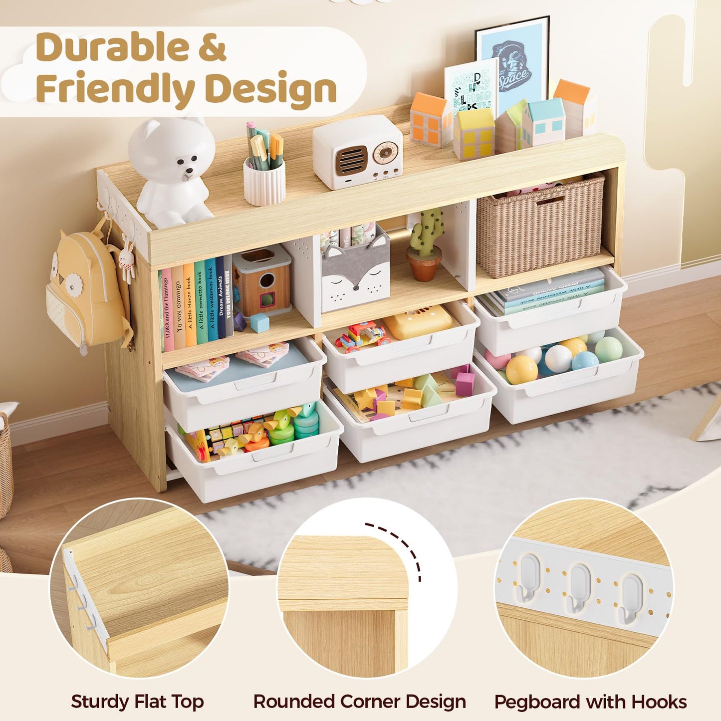 6-Plastic Storage Bins Wooden Storage Containers, Cube Toy Storage Box Organizer with Side Pegboard & Compartments, Drawers for Home Office, Dormitory, Classroom, Craft Room, Playroom Storage(White)