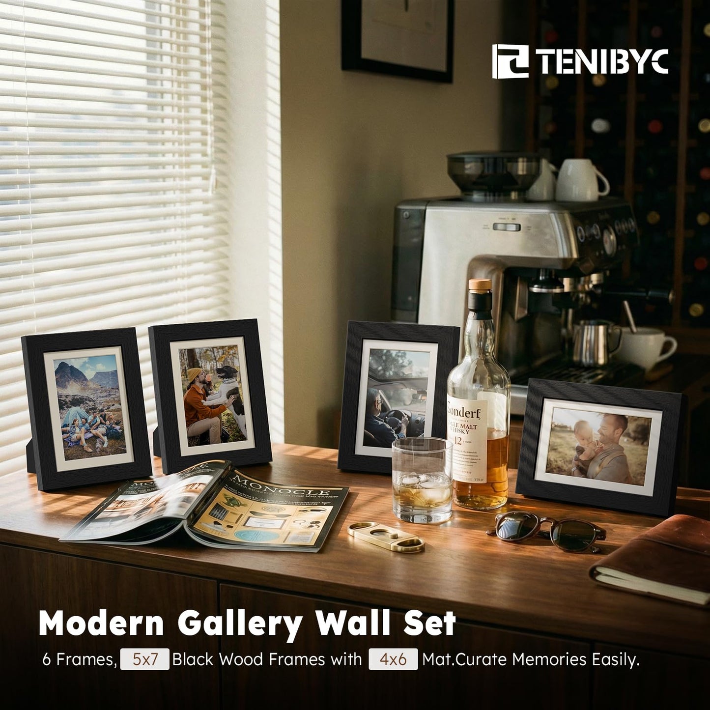 TENIBYC 5x7 Picture Frame Set - 6 Pack, Black Solid Wood Photo Frames - Tempered Glass - Displays Photos 4x6 with Mat or 5 x 7 without - Room, Office, Gallery, and Hallway Decor - Wall Hanging