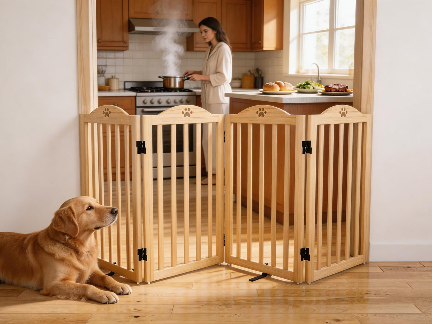 Oapety Wooden Dog Gate Indoor, 31.5" H Freestanding Doggy Gate, No-Painted Folding Cute Puppy Fence for Doorways Stairs Hallways, 4 Panels