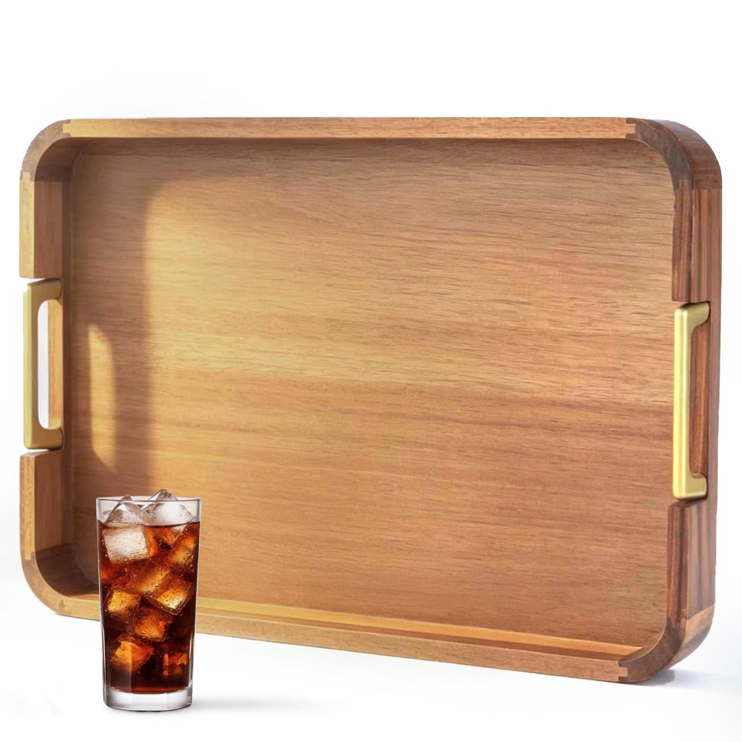 Wooden Serving Tray with Handle 16.7″ Acacia Wooden Tray for Ottoman Rectangle Ottoman Table Tray Serving Tray for Ottoman Decorative Tray for Dinner Breakfast Entertaining Guests