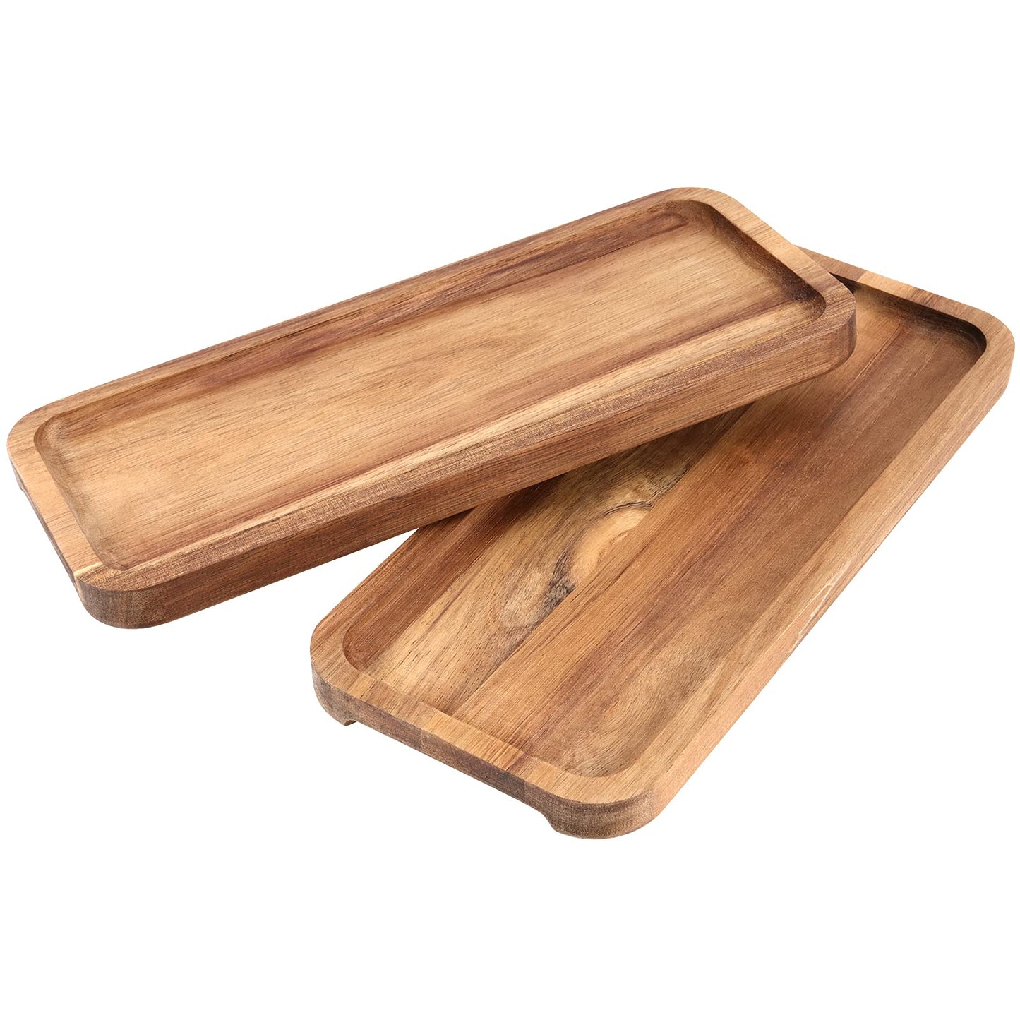 FUNSUEI 11.8 x 5.1 Inches Set of 6 Wooden Serving Platters, Acacia Wooden Serving Trays with Grooved Design, Rectangular Wood Platters for Fruit, Cookie, Bread, Vegetable, Salad
