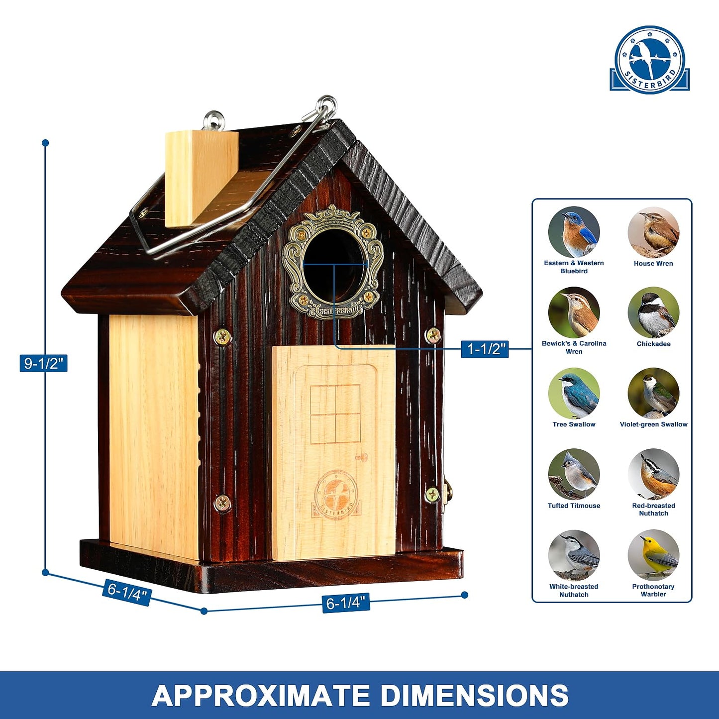 SISTERBIRD Pack of 2 Premium Bluebird Houses for Outside, All Seaons Bird Houses for Outside, Wooden Cabin Birdhouses for Outdoors, Weatherproof Courtyard Decorated Hanging Bird House