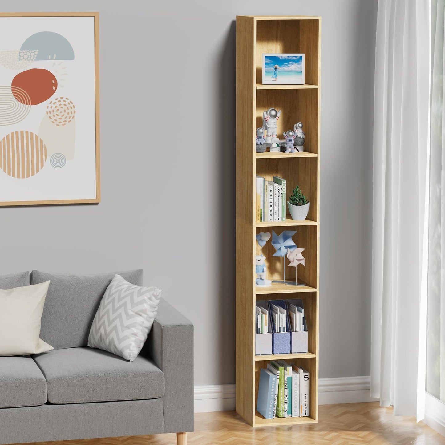 Nestwise 6 Tier Bookshelf, Open Tall Narrow Floor Standing Bookcase, Storage Organizer Bookshelves Freestanding Book Shelf for Living Room, Bedroom, Home Office (Oak, 6 Cube)