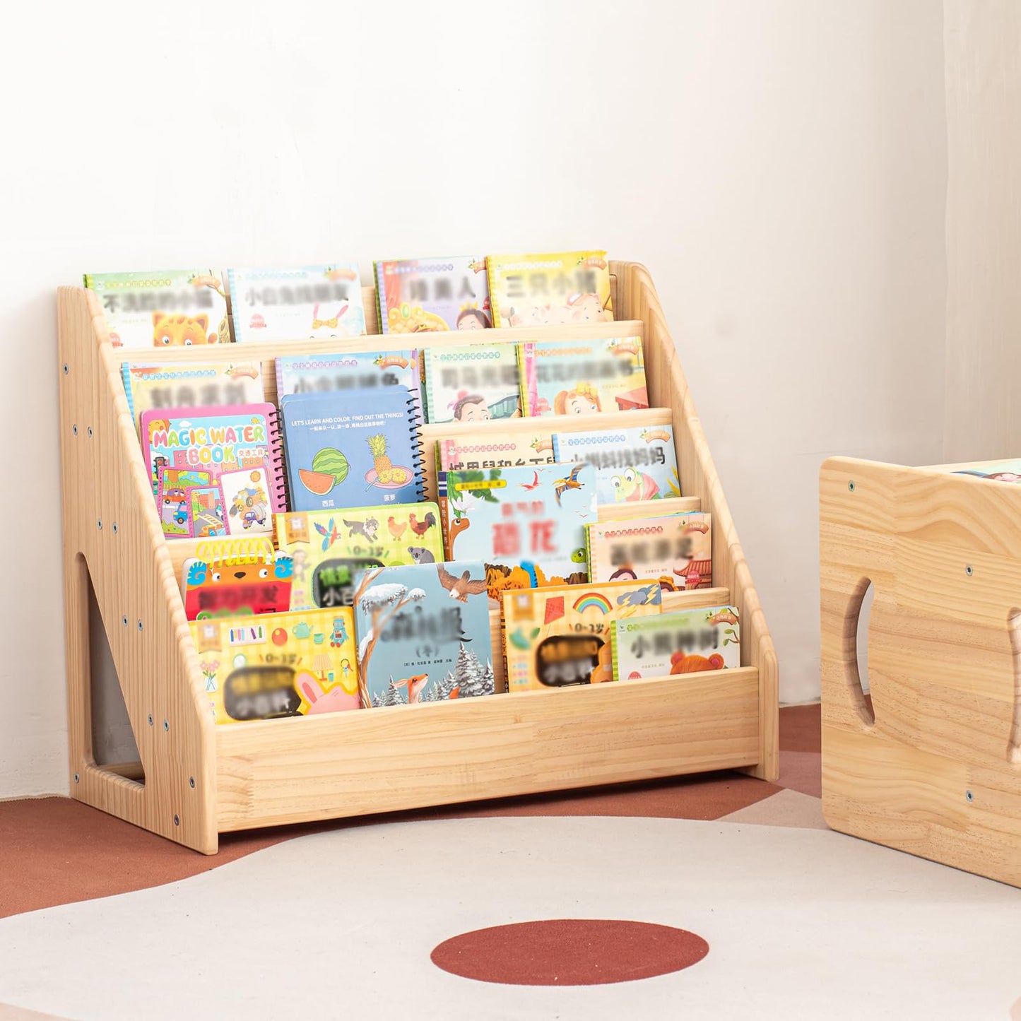 5 Tier Pine Wood Bookshelf Book Holder Wooden Kid's Book Rack Natural for Kids Room Study Room Play Room Books Magazines Storage Organizer