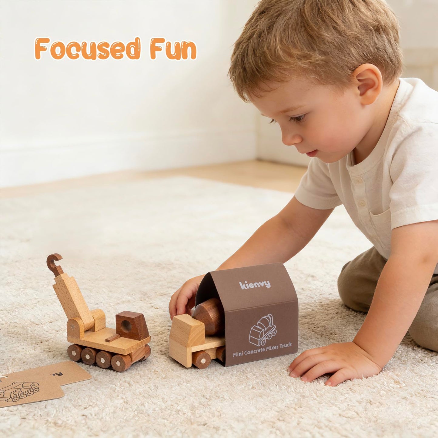 kienvy Wooden Toy Cars for 3 Year Old Boys & Girls - Construction Vehicles Set Push Toys for Toddlers, Wood Montessori Car with Rolling Wheels, Natural Wood Toys (Crane & Concrete Mixer Truck)