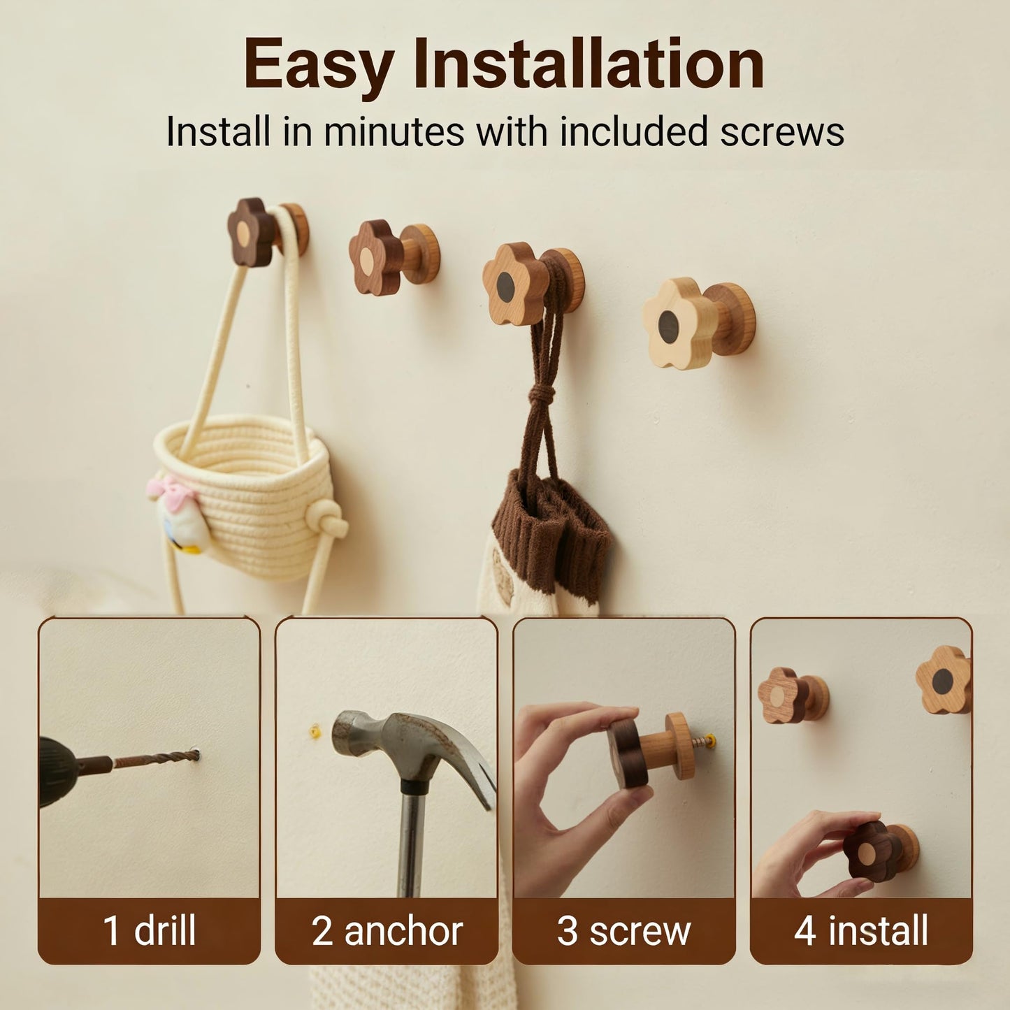 Kids Coat Hooks Wall Mount – Cute Flower Wooden Wall Hooks for Hanging Clothes, Purses, Robes, Towels, Backpacks – Modern Decorative Walnut Hangers for Girls’ Nursery, Bathroom, Entryway & Bedroom