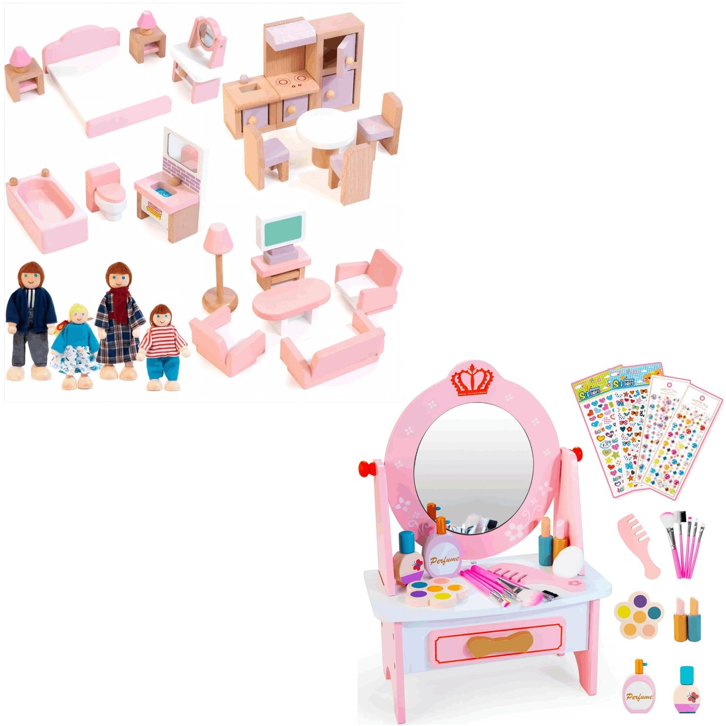 Kizfarm Wooden Dollhouse Furniture Set and Wooden Vanity Set for Kids