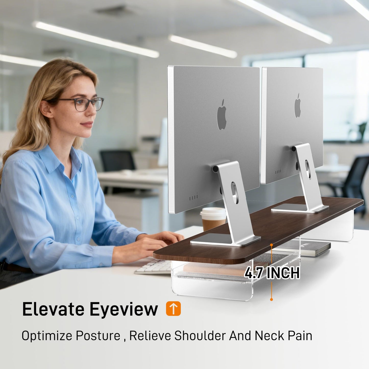 AFOOYO Large Dual Monitor Stand For Desk,43 Inch Desktop Computer Riser with Felt Drawer Acrylic Legs Desk Shelf Organizer For Computer/Laptop/PC/Printer/TV