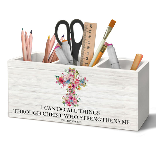 Yjeslw Christian Floral Cross Pen Holder Organizer for Desk Accessories, I Can Do All Things Through Christ Inspirational Bible Verse Wooden Box Sign Desk Decorations for Girly Room Bedroom Dorm Decor