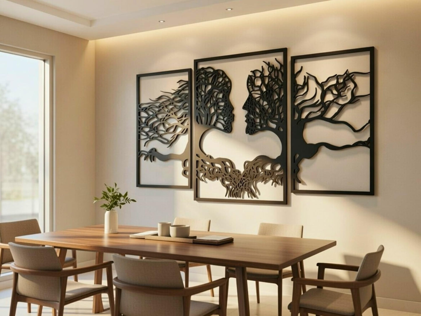 VAILLA Tree of Life Wall Wooden Art Abstract Tree Man Woman Face Large 3D Wooden Wall Decor Set of 3 Hanging Sculpture Modern Home Decoration 3D Textured Sculptures for Living Room Bedroom Office Dinnig Room
