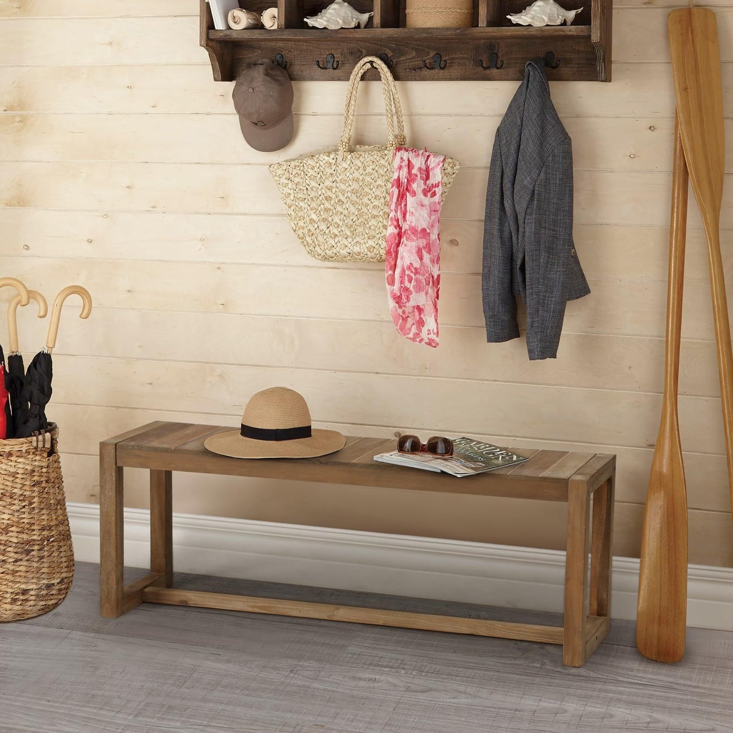 Wnutrees Farmhouse Solid Wood Bench, 43" Line Pattern Splicing Entryway Bench, Narrow Bench Seat for Living Room, Dining Room, Bathroom, Indoors, Natural