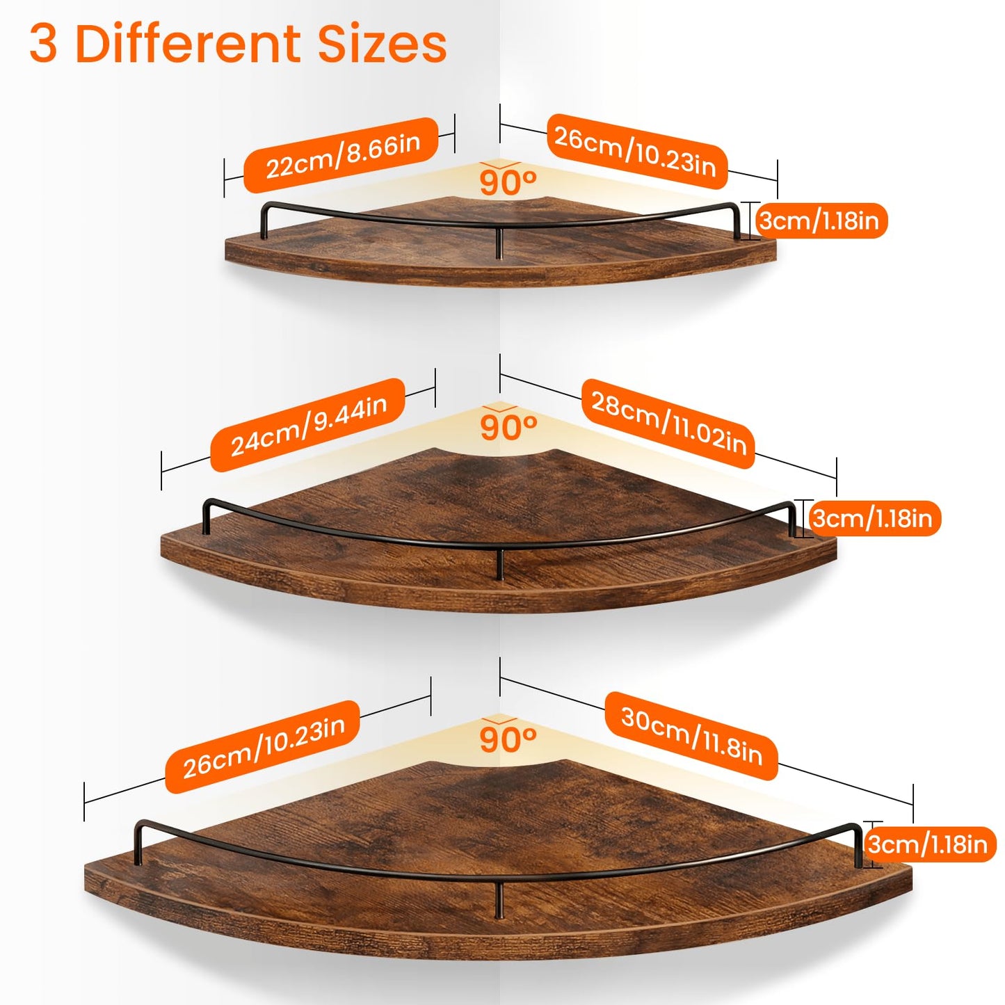 Homode Corner Shelf Wall Mounted Set of 3, Corner Floating Shelves 9/10/12 Inch Deep, Wood Round Corner Hanging Display Shelf with Guardrail for Bathroom Bedroom Kitchen Living Room, Rustic Brown