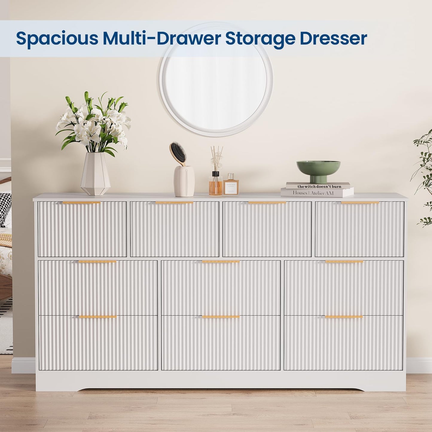 Patikuin 59" Fluted 10 Drawer TV Stand, Wooden Dresser TV Stand with Organizer Storage for Living Room, Bedroom, Office, White