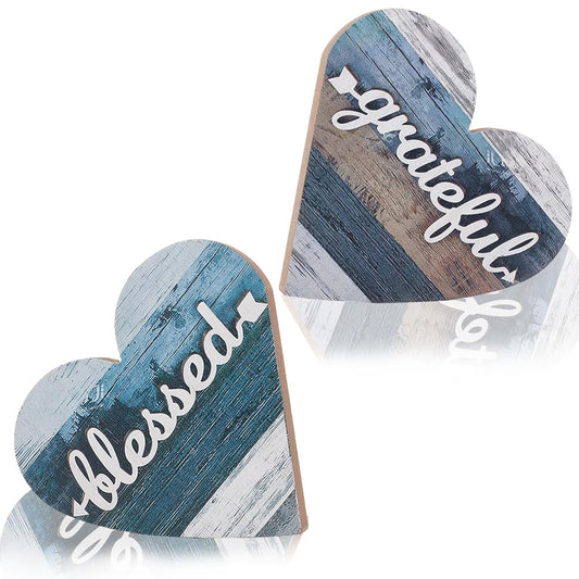 GORGECRAFT 2Pcs 2 Styles Heart Shaped Wooden Decor Graceful Blessed Sign Table Centerpieces Vintage Rustic Wood Table Decoration for Dining Room Shelf Living Room Home Farmhouse Housewarming Gifts