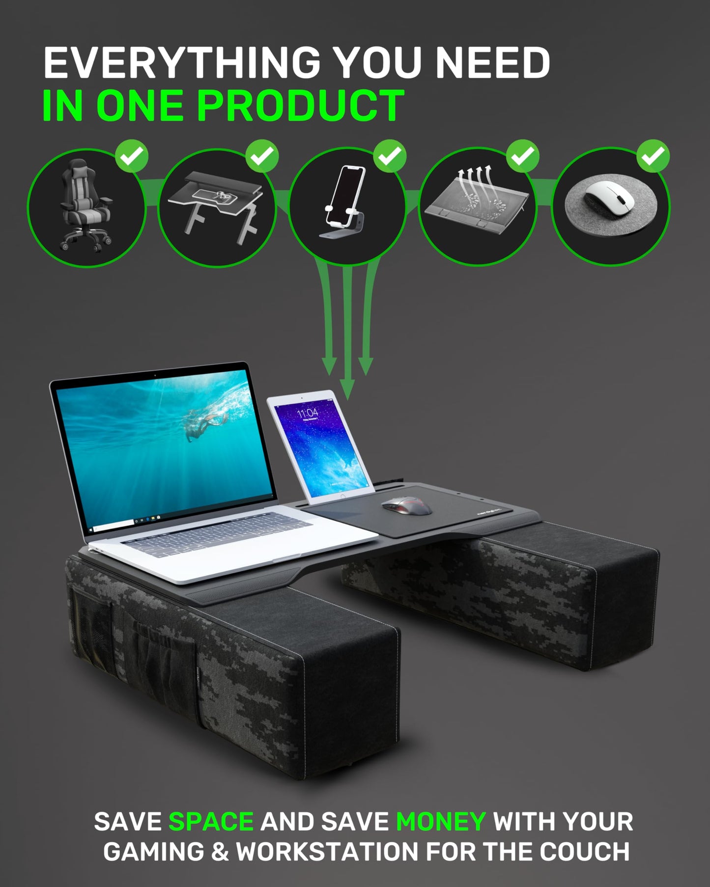 Couchmaster CYBOT, Premium Ergonomic Lap Desk for Notebooks, Sustainable Bamboo Construction, Kevlar Cushion Front, Ventilated Design, Fits Up to 17-Inch Laptops