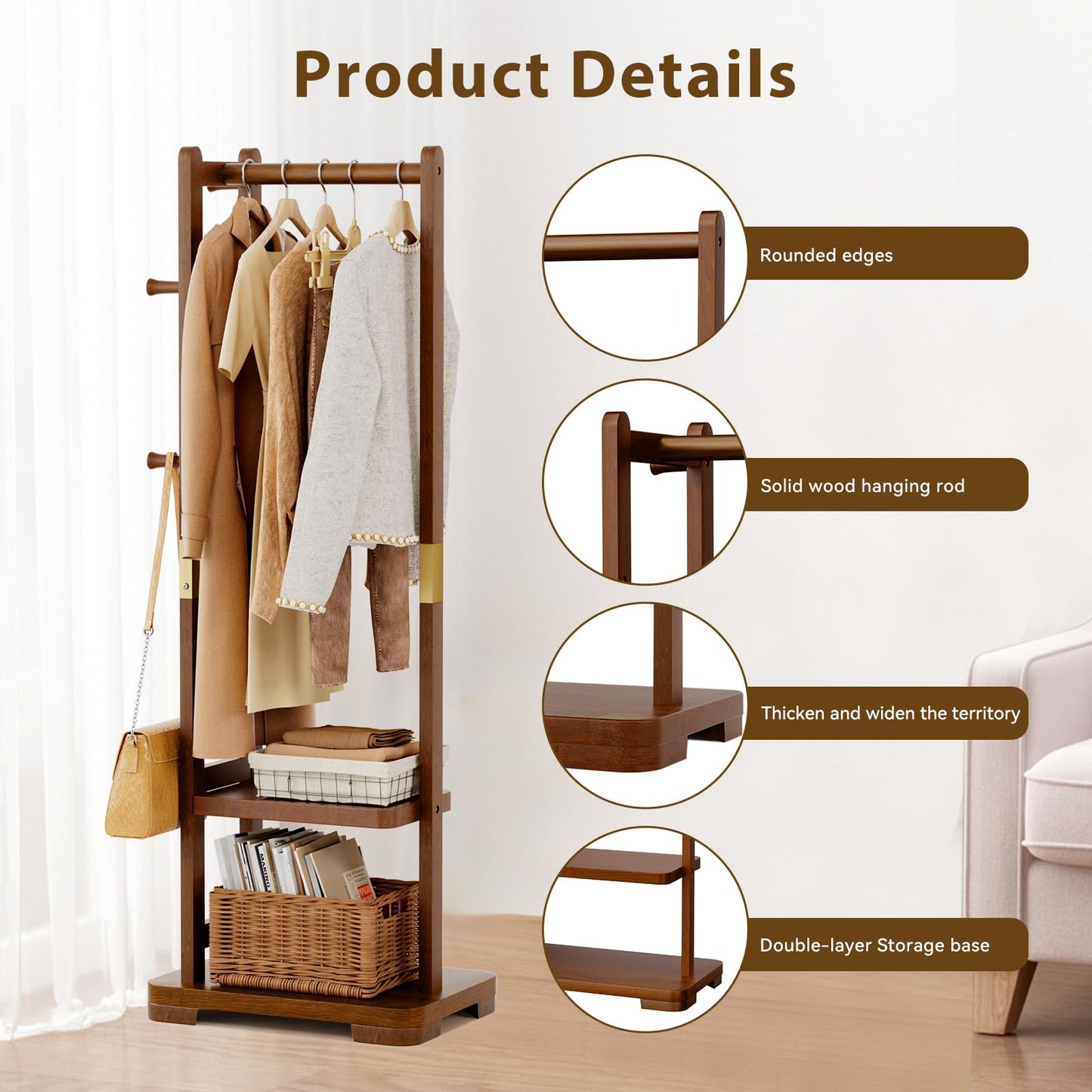 Taitiy Entryway Shoe Storage Bench with Leather Cushion + Solid Wood Clothes Rack with 2 Shelves
