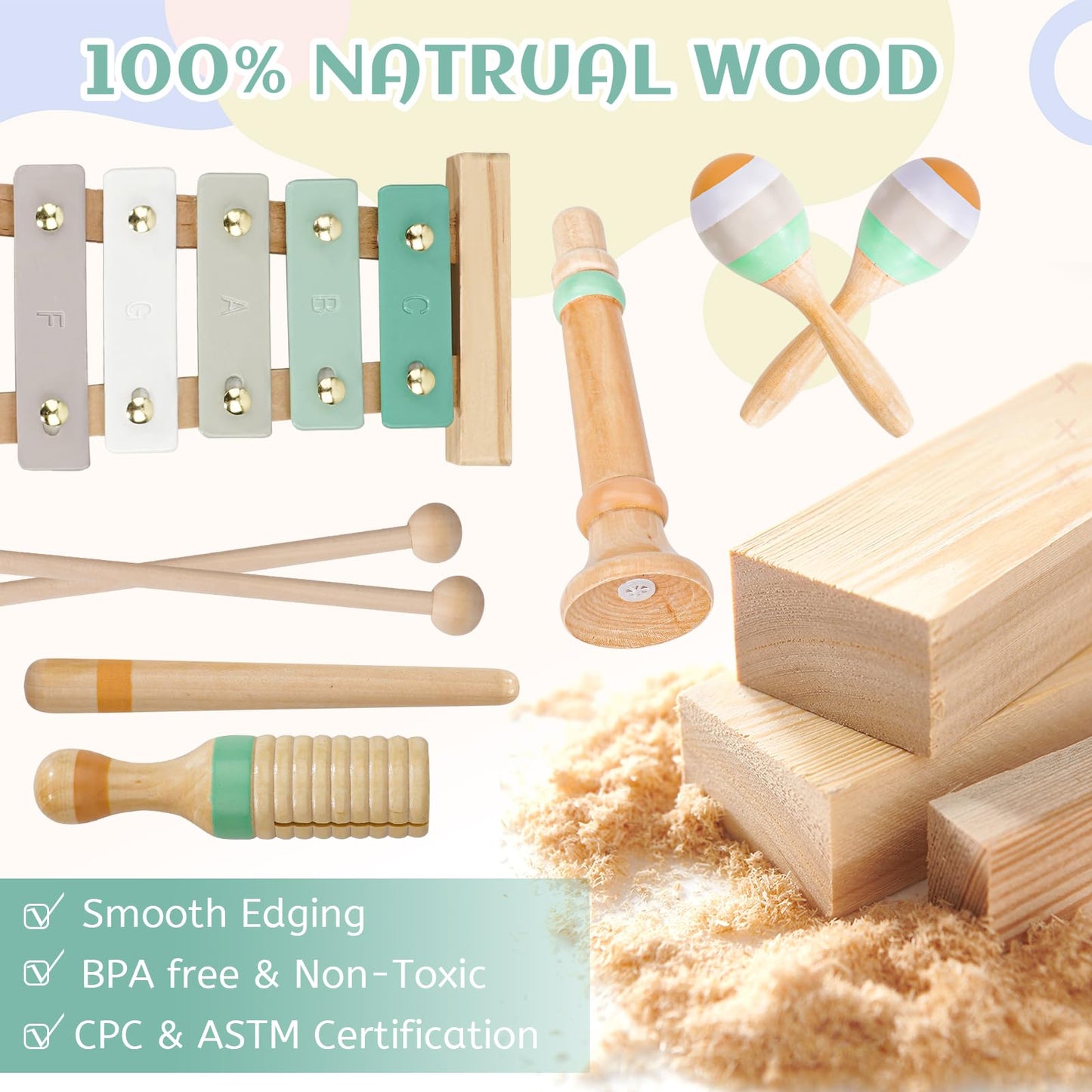 Raimy Kids Musical Instruments Set, Neutral Colors Wooden Montessori Toys