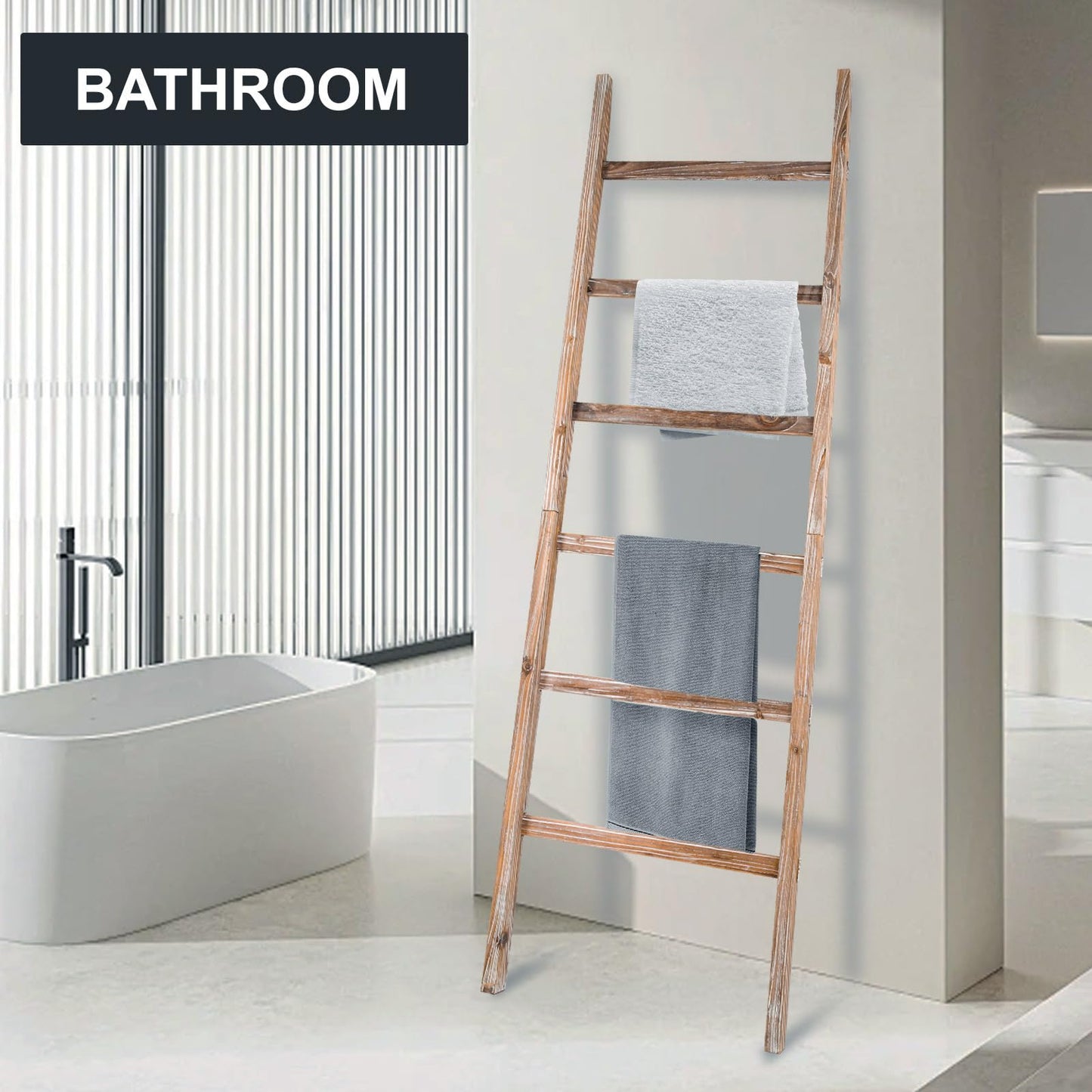 storenization Blanket Ladder 6.4FT, Wooden Blanket Ladders for the Living Room, 6-Layer Farmhouse Rustic Quilt Rack for Living Room Bathroom (24 inch Wide)