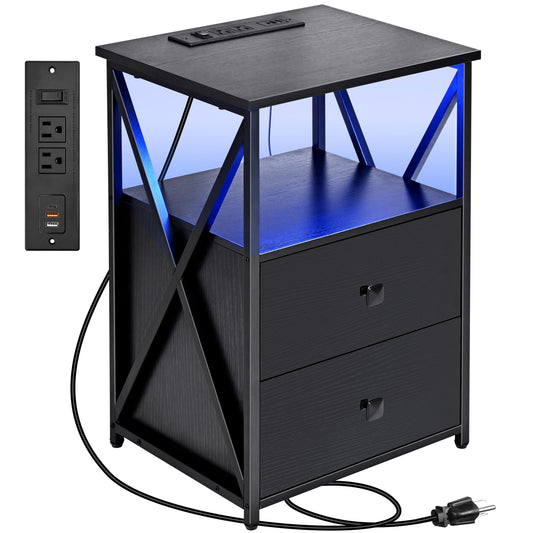 Livofloral LED Nightstands with Charging Station, Black Side Tables with Storage, End Tables with Charging Station, Bedside Table with Wooden Storage Drawers for Bedroom, Side Tables Living Room