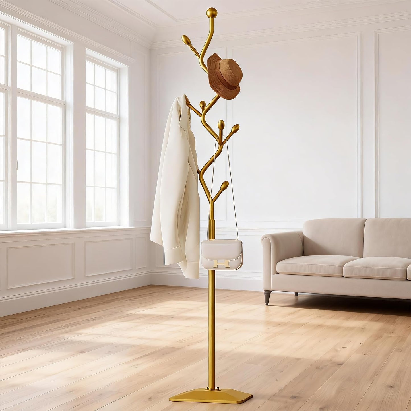 ZEYEXE Gold coat rack,Coat Tree Freestanding heavy duty with 8 Hooks and Sturdy Metal Base for Coat Hats Purses,Tree-shaped Coat Stand for Entryway,Bedroom