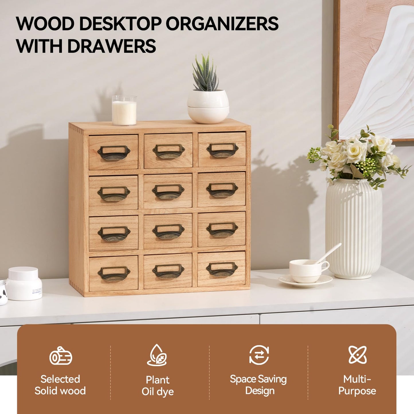 KIRIGEN Wood Drawer Organizer Desktop Storage Cabinet Box Drawers for Home Office Desk Organization and Storage 12 Drawer Mini Chest with Metal Handles Natural(12CG-NA)