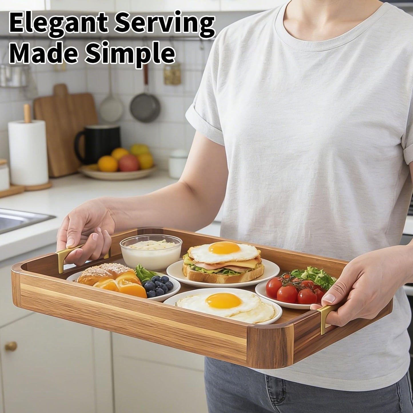 Wooden Serving Tray with Handle 16.7″ Acacia Wooden Tray for Ottoman Rectangle Ottoman Table Tray Serving Tray for Ottoman Decorative Tray for Dinner Breakfast Entertaining Guests