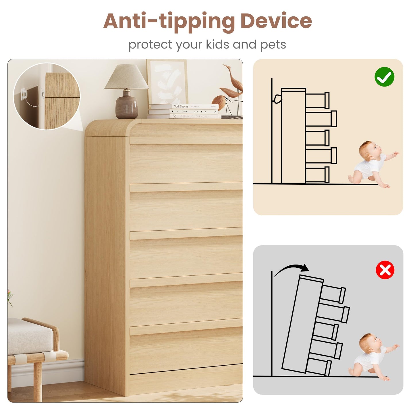 Garvee Wooden 5 Dresser, Natural