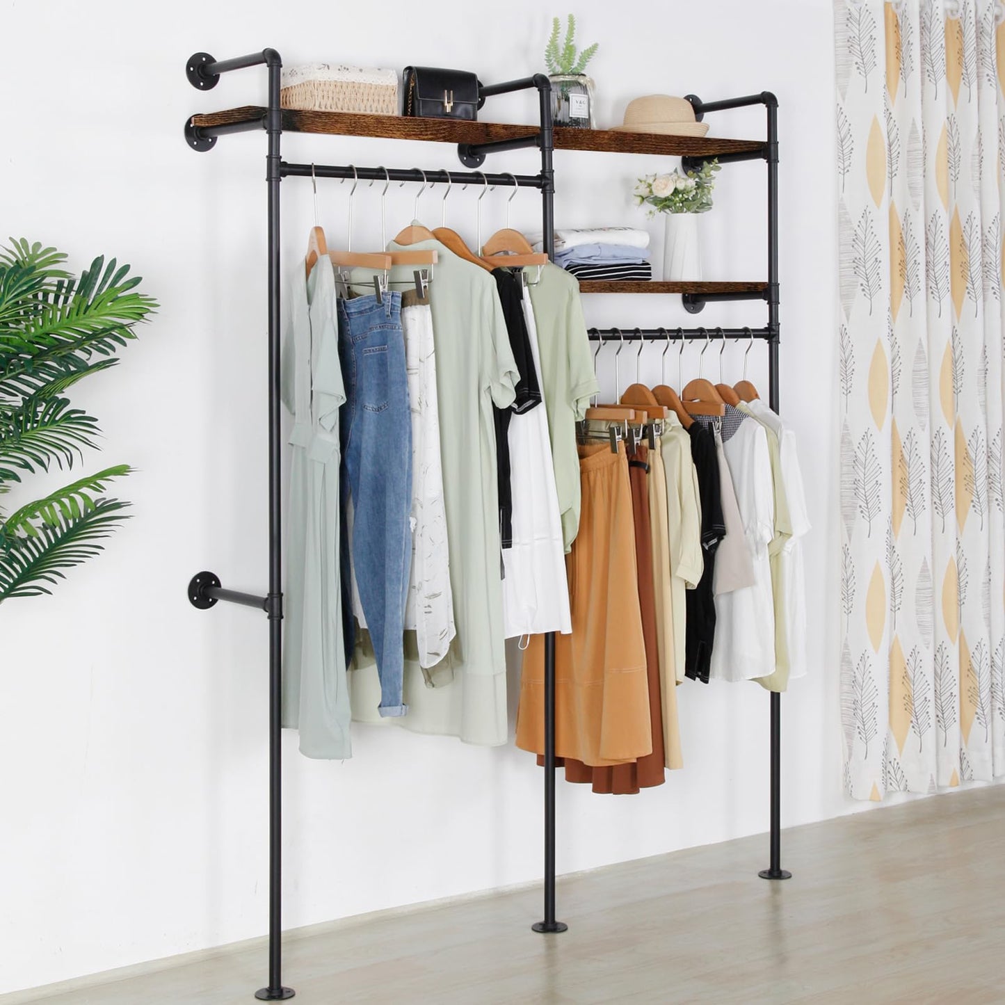 EDCB Industrial Pipe Clothing Rack - Black Wall Mounted Clothes Rack with 2 Hanging Rods & 2 Wooden Shelves, Closet Organizers and Storage for Retail Store, Bedroom (79.5 x 59in)