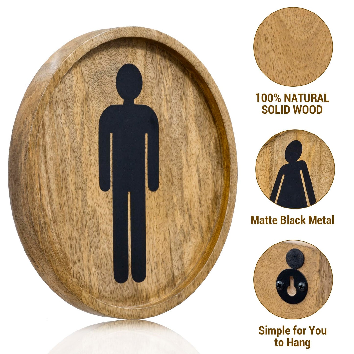MyGift 10 Inch Round Rustic Solid Mango Wood Wall Hanging Mens and Womens Bathroom Signs with Matte Black Metal Cutout Male Female Gender Symbols, 2 Piece Set - Handcrafted in India