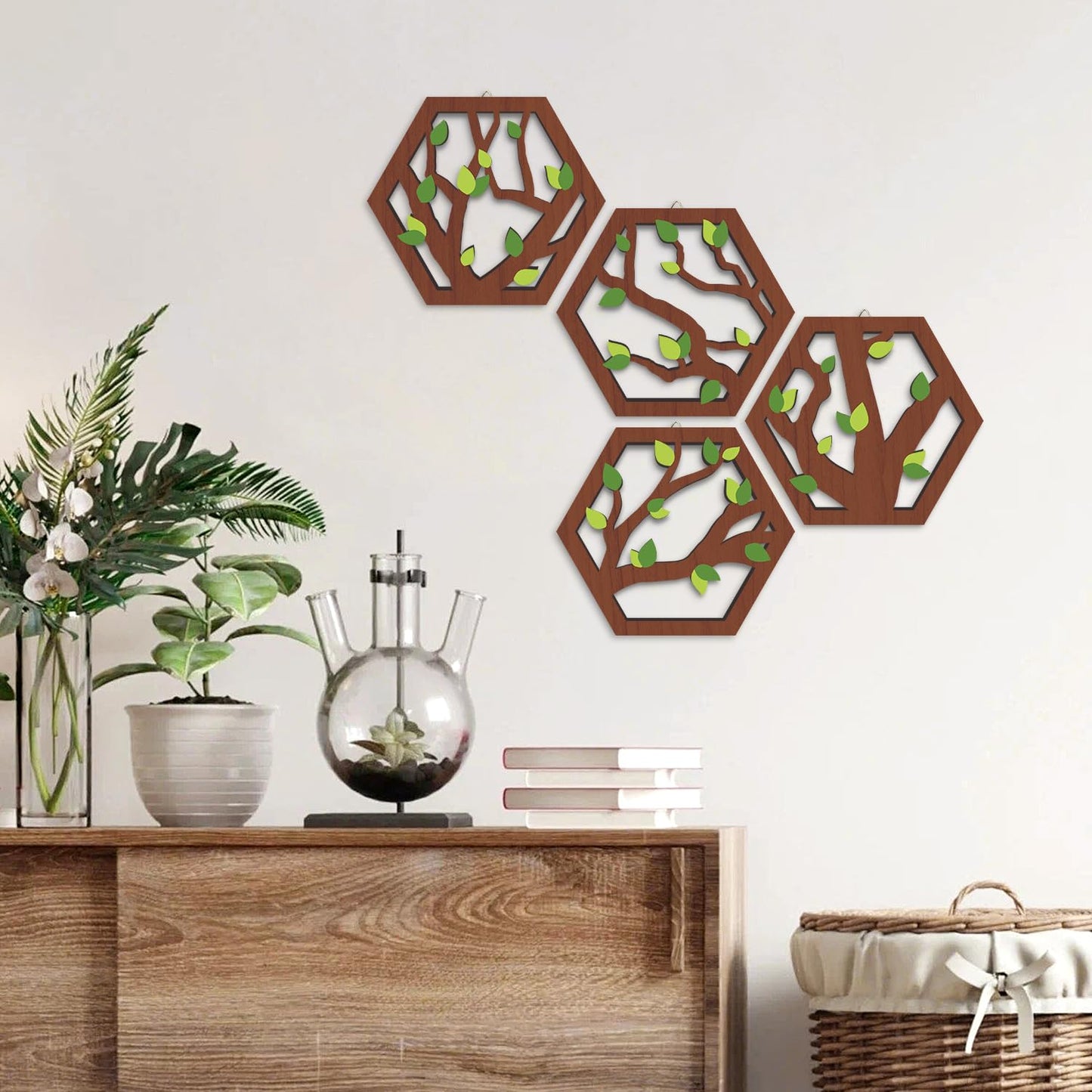 HOURIA 4 Pcs Wooden Tree of Life Wall Art, Rustic Green Leaves Hollow Brown Wall Hanging Decor for Living Room,8"*10"Abstract Modern Family Tree Wood Wall Sculpture for Farmhouse Bedroom Nursery
